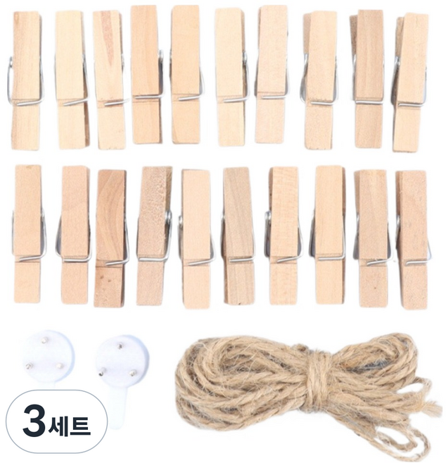 Pick Deal 粉色木夾 原色木夾 S 20入 + 繩子 2m + 釘子 2入 組, 3套, 混合色