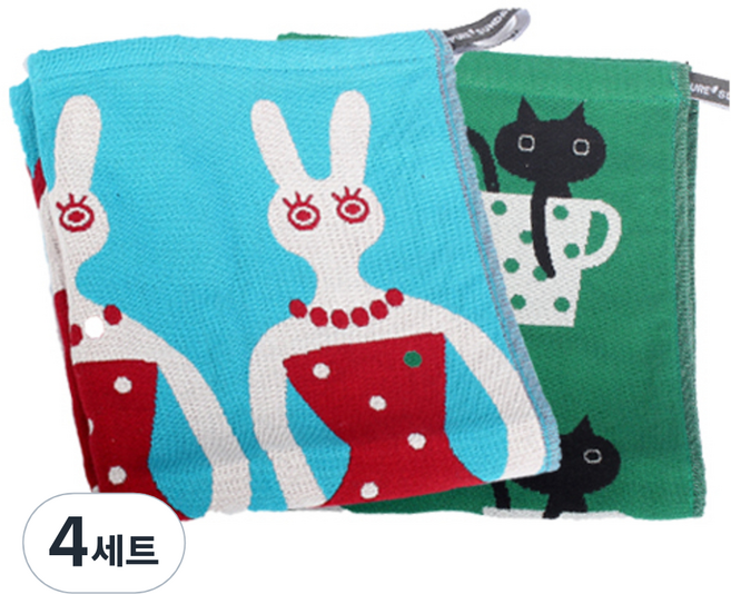 퓨어썬데이 순면 3중 파티래빗 거즈행주 2p 세트, 4세트, 파티래빗, 머그컵 캣