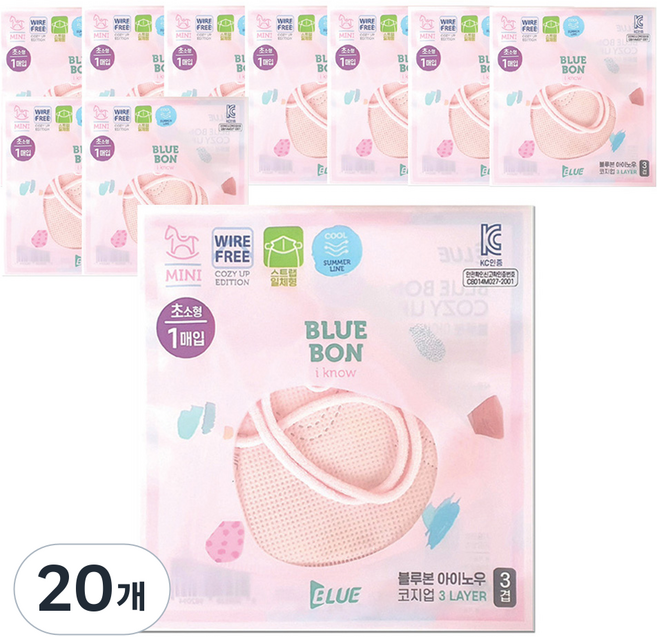 블루본 아이노우 코지업 미니 썸머 초소형 마스크 노와이어 스트랩일체형, 1개입, 20개, 핑크