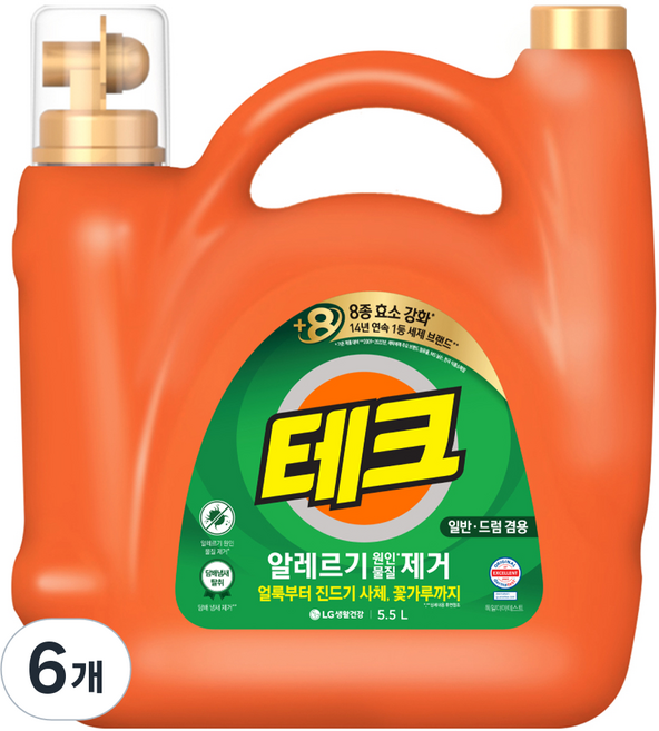 테크 알레르기 원인물질 제거 일반드럼 겸용 대용량 액체세제 본품, 6개, 5.5L
