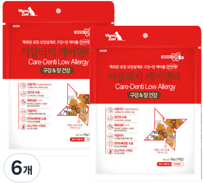 우리주 저알러지 케어덴티 덴탈껌 구강 & 장 건강 7p, 상세설명 참조, 85g, 6개