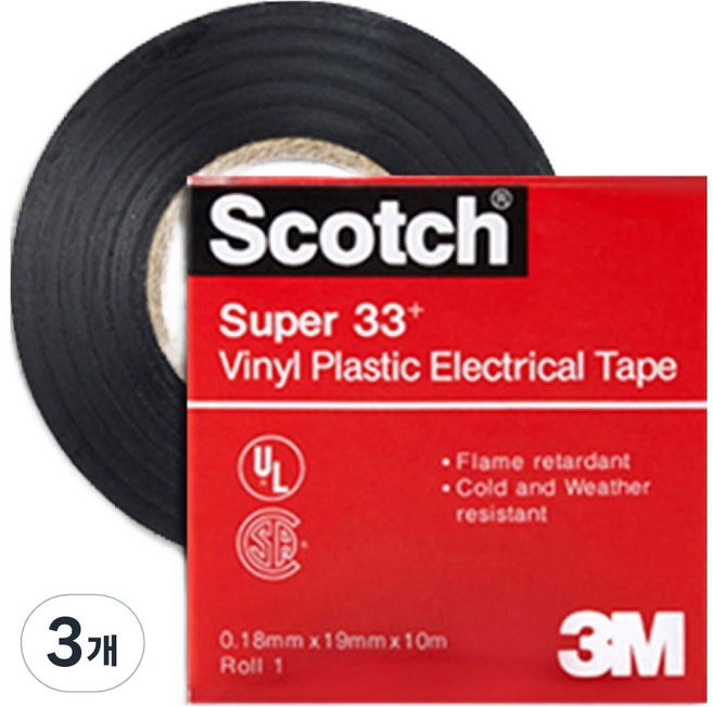스카치 슈퍼 33플러스 절연 테이프 블랙 19mm x 10m, 3개