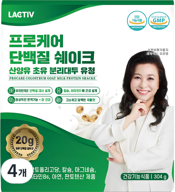 락티브 프로케어 단백질 쉐이크 산양유 초유 분리대두 유청, 304g, 4개