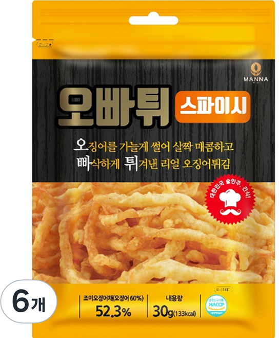 오빠튀 리얼 오징어 튀김 스파이시, 30g, 6개