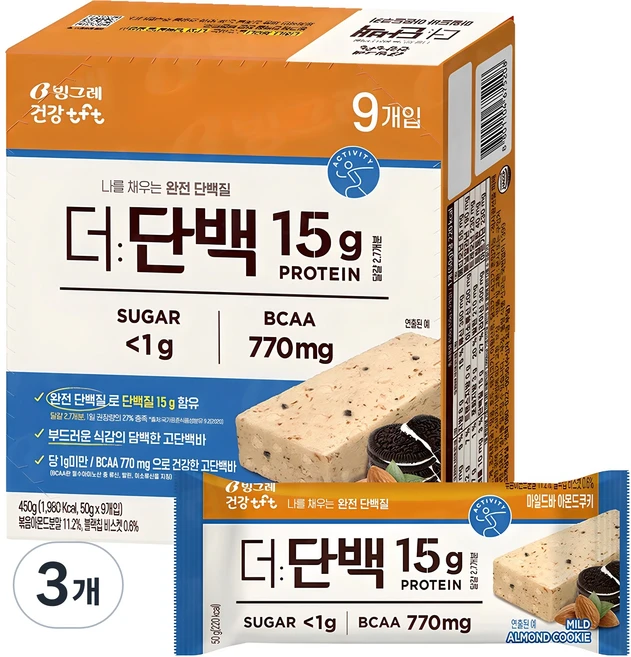 더단백 마일드 프로틴바 아몬트쿠키 9p, 450g, 3개 - 쿠팡
