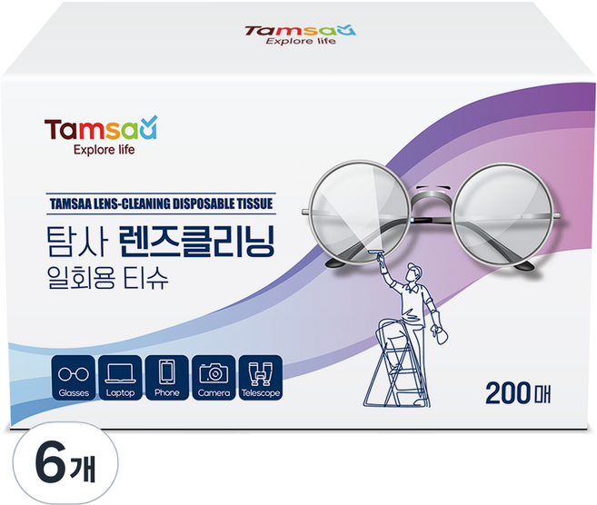 탐사 렌즈클리닝 일회용 티슈 200매, 화이트, 6개