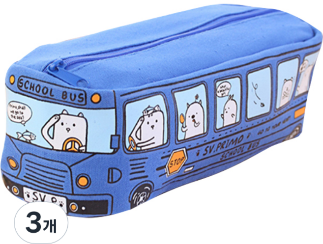 부릉부릉 스쿨버스 캔버스 파우치형 필통, 블루, 3개