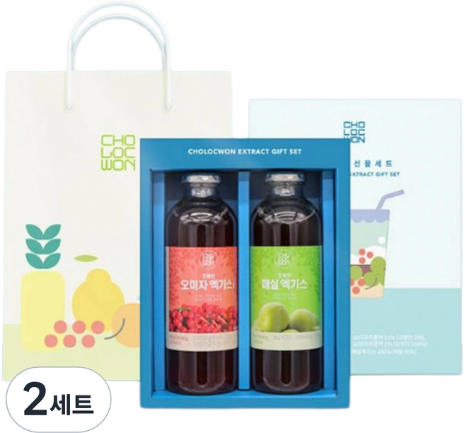 초록원 과실 엑기스 660g x 2종 선물세트 + 쇼핑백, 2세트, 매실엑기스 + 오미자엑기스