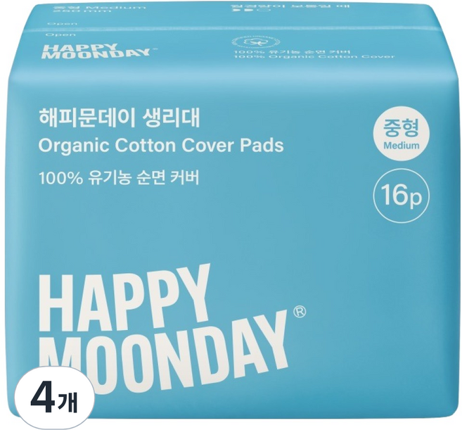 해피문데이 유기농 순면 커버 생리대 날개형, 16개입, 4개