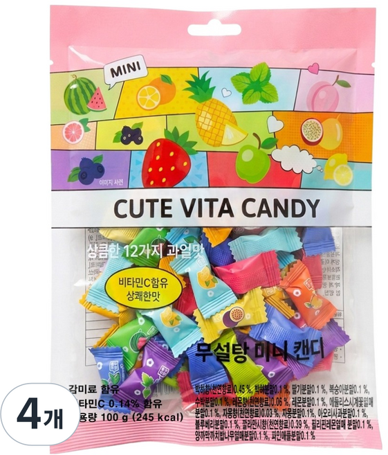 HeYkiss 큐트 비타 상큼한 12가지 과일맛 무설탕 미니 캔디, 4개, 100g