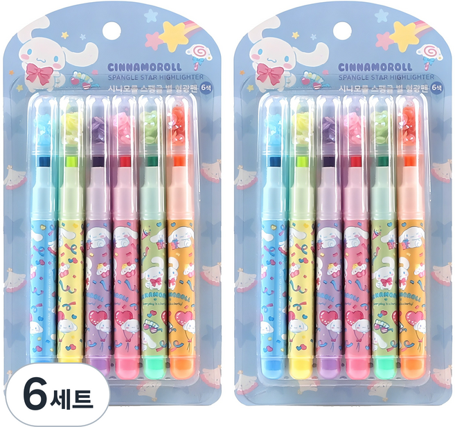 산리오 스펭글 형광펜 6색 세트 시나모롤, 블루, 6세트