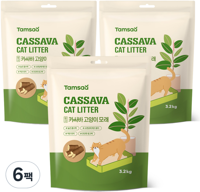 탐사 카사바 고양이 모래, 3.2kg, 6팩, 무향