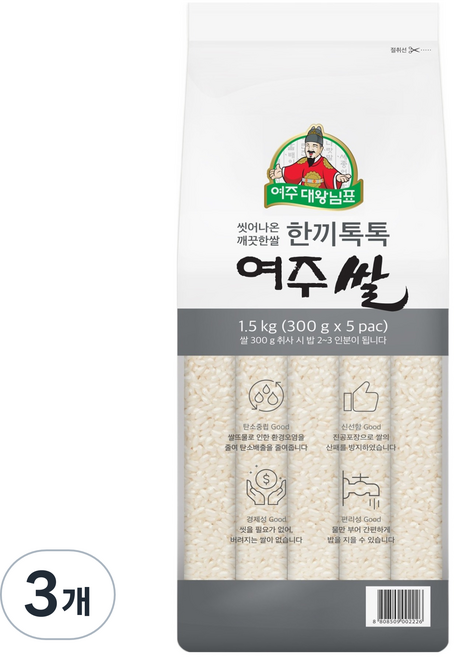 대왕님표 씻어나온 한끼톡톡 여주쌀 상등급, 1.5kg, 3개