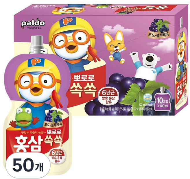 팔도 뽀로로 홍삼쏙쏙 어린이 음료, 100ml, 50개