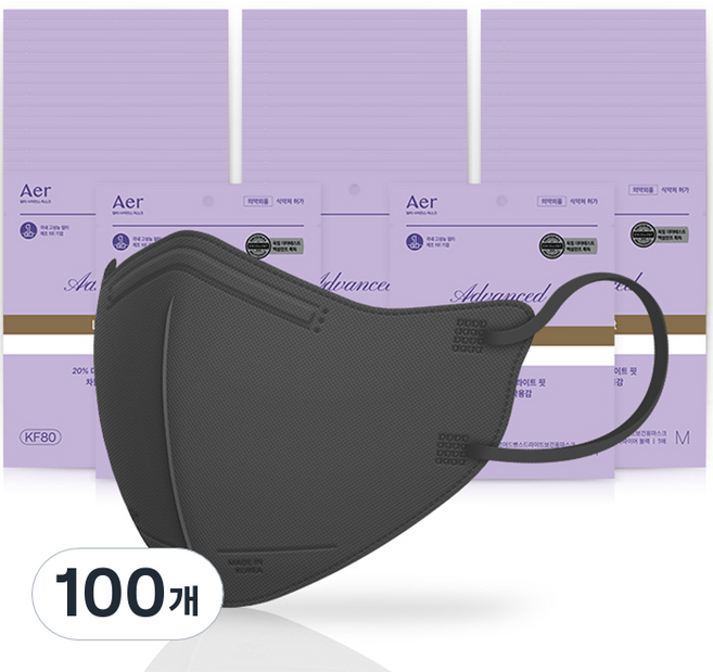 아에르 어드밴스드 라이트 핏 보건용 마스크 M KF80, 1개입, 100개, 블랙