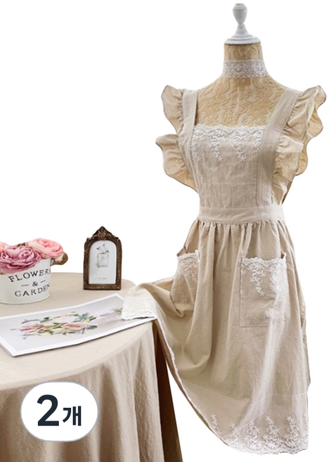 생활예찬 프릴 레이스 원피스 앞치마, 베이지, 2개