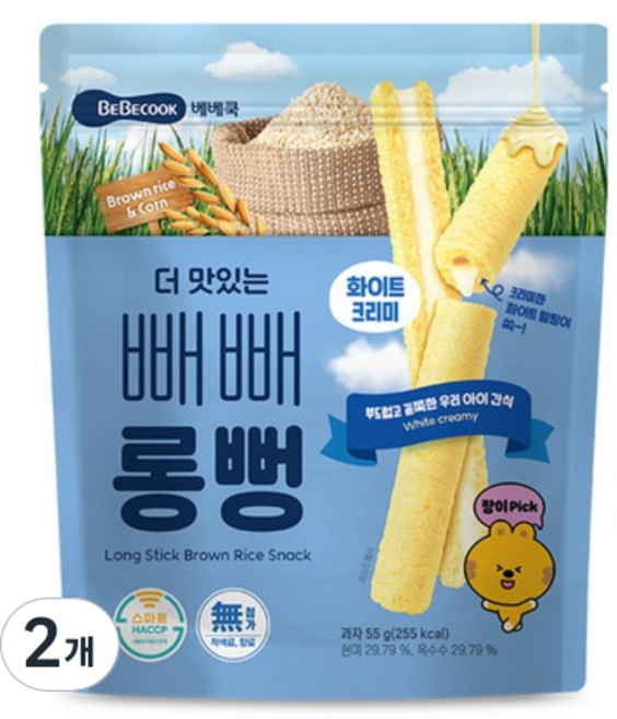 베베쿡 더 맛있는 빼빼롱뻥, 화이트크리미, 55g, 2개