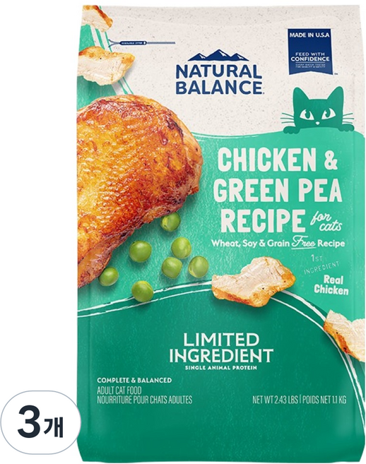 내추럴발란스 고양이 LID 완두와 닭고기 기능성 사료, 어덜트, 1.1kg, 3개