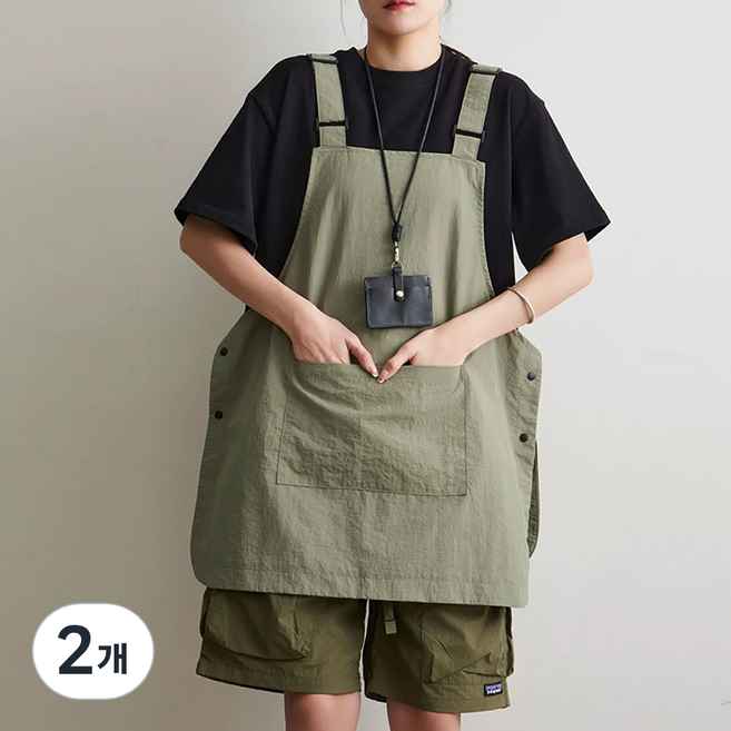 다퍼남 양면 포켓 멜빵 앞치마, 카키, 2개