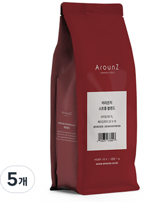 어라운지 스트롱 블렌드 원두커피, 1kg, 5개, 홀빈(분쇄안함)