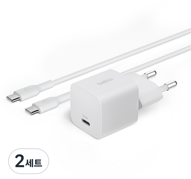 벨킨 부스트업 25W USBC타입 PD 3.1 PPS 초소형 고속충전기 + USB C to C 케이블 세트 WCA012kr1MWH-B6, 화이트, 2세트