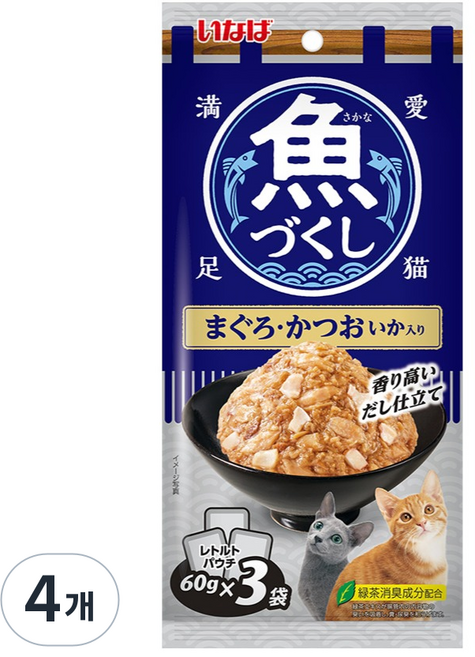 이나바 고양이 생선 가득 파우치 참치&가다랑어&오징어 간식 TCR-175, 혼합맛(참치/가다랑어/오징어), 180g, 4개