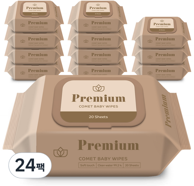 코멧 프리미엄 휴대용 아기물티슈 엠보싱 캡형, 75g, 20매, 24팩