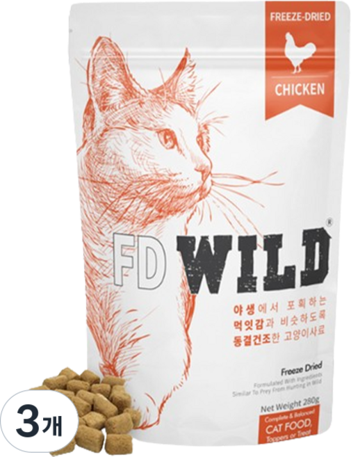 에프디와일드 전연령 고양이 동결건조 사료, 닭, 280g, 3개