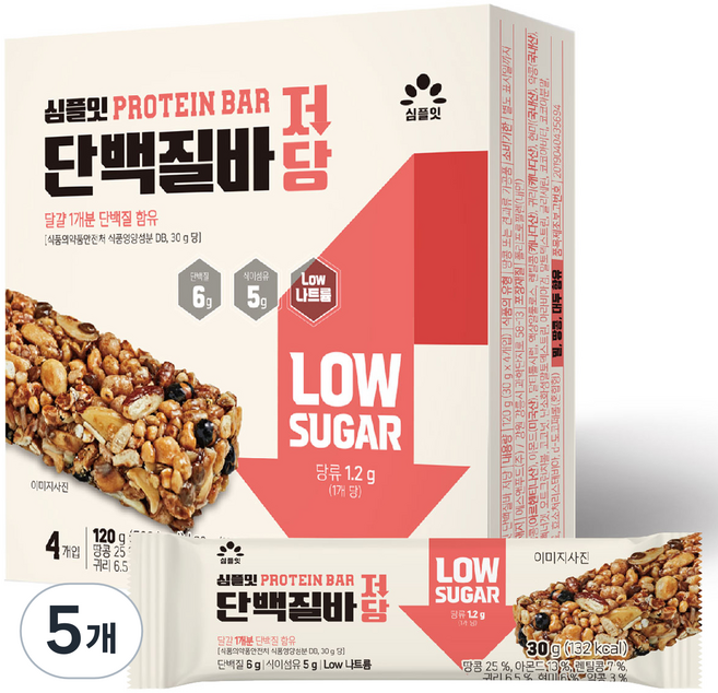 심플잇 단백질바 저당 4p, 120g, 5개