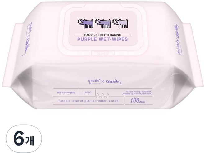 키스해링 한예지 퍼플 물티슈 캡형, 38g, 100매, 6개