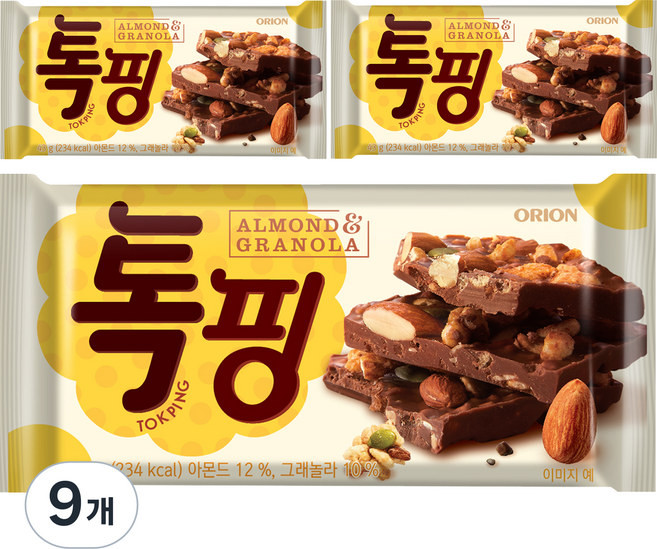 오리온 톡핑 아몬드 앤 그래놀라 초콜릿, 43g, 9개
