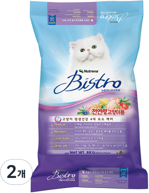 뉴트리나 전연령 고양이 비스트로 기능성 사료, 헤어볼, 8kg, 2개