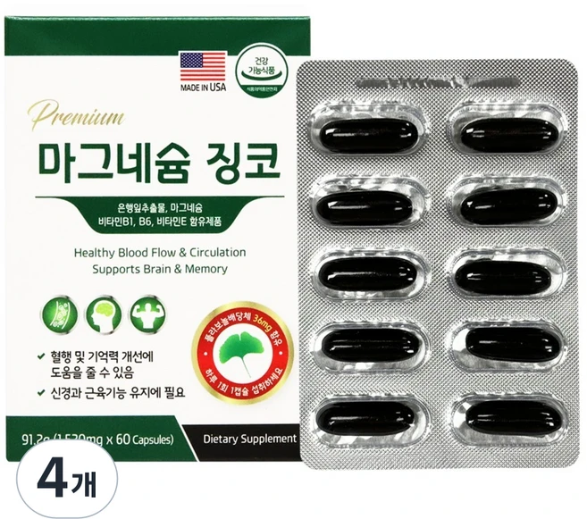 USPHARMATECH 프리미엄 마그네슘 징코, 60정, 4개 - 쿠팡