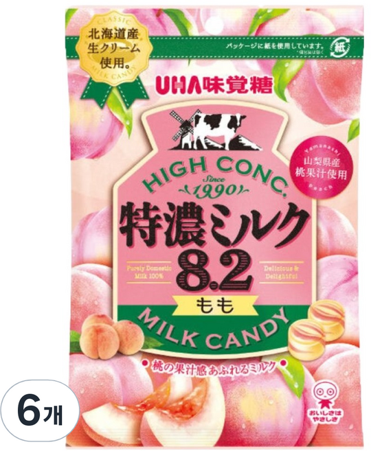 유하미카쿠토 토쿠노 밀크 모모 캔디, 68g, 6개