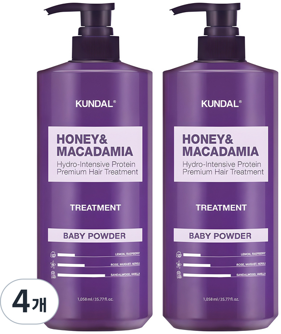 쿤달 허니 앤 마카다미아 헤어트리트먼트 베이비파우더향, 1.058L, 4개