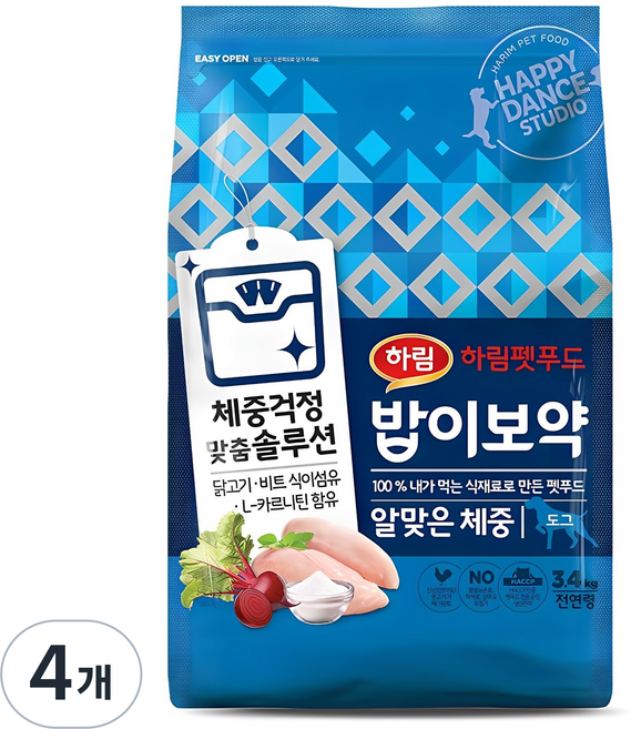 하림펫푸드밥이보약 강아지 기능성 사료, 다이어트(체중유지), 3.4kg, 4개