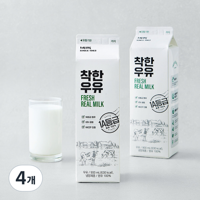 비락 착한우유, 4개, 900ml