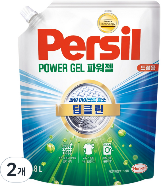 퍼실 딥클린 초미세세탁 파워젤 드럼용 액체세제 리필, 2개, 1.8L