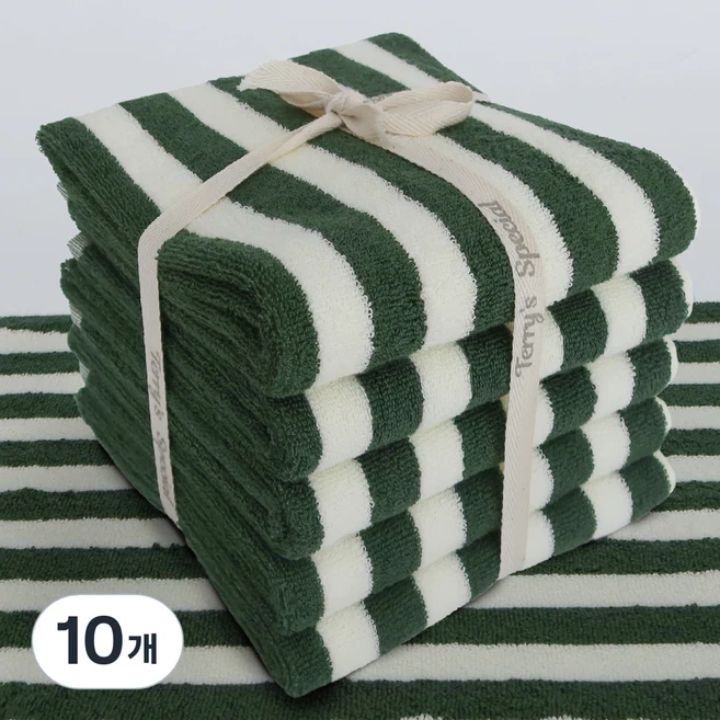 테리파머 스트라이프 디자인 선염 호텔 수건 180g 30수 코마사, 그린 + 아이보리, 10개 - 쿠팡