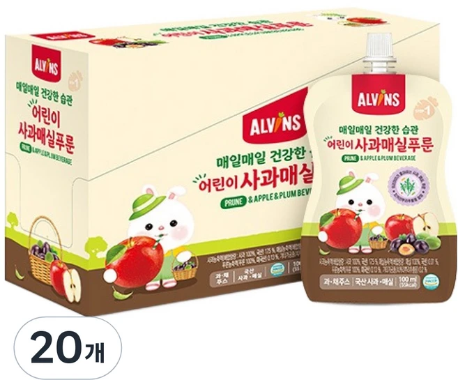 엘빈즈 매일매일 건강한 습관 어린이 사과매실푸룬, 20개, 100ml - 쿠팡