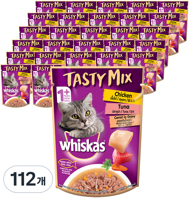 위스카스 어덜트 고양이 테이스티 믹스 습식사료, 닭+참치, 70g, 112개