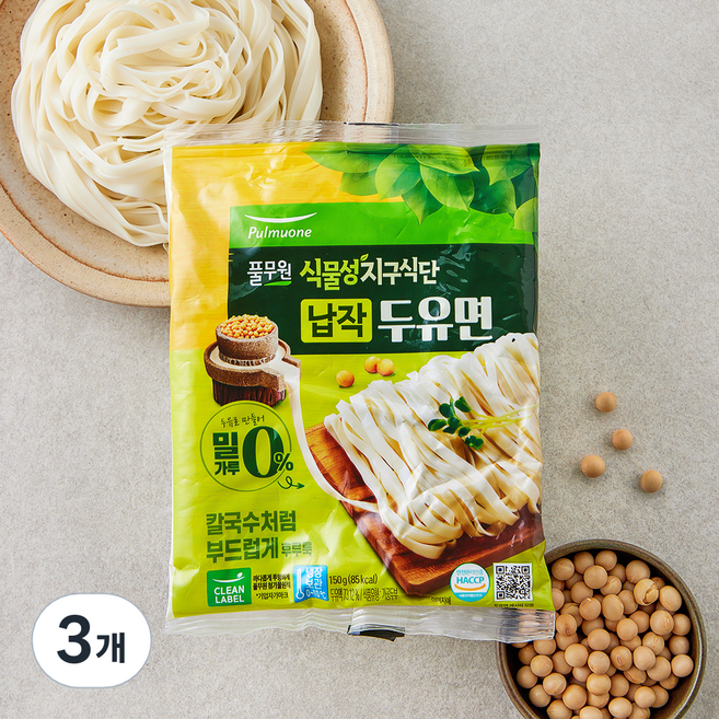 풀무원 식물성 지구식단 납작 두유면, 150g, 3개