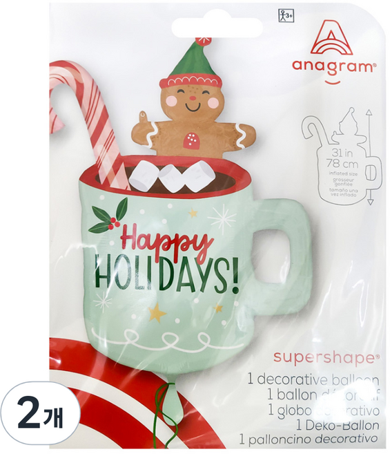 아나그램 은박풍선 홀리데이 크리스마스 머그 슈퍼쉐입, 혼합색상, 2개