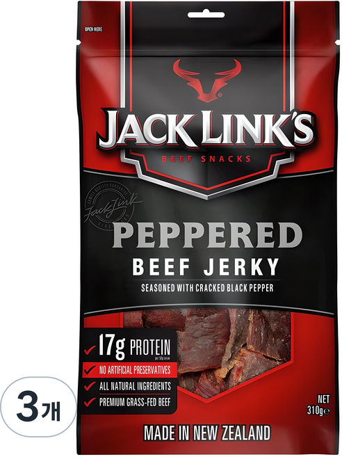 잭링크스 비프 져키 페퍼 육포, 310g, 3개