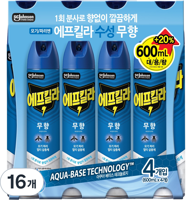 에프킬라 수성 에어로졸 살충제 무향, 600ml, 16개