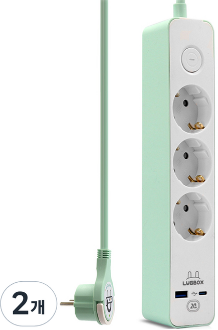 LUGBOX 高速充電 USB C型 1埠 3500W 高容量3孔延長線 KF-GS-03KUPD20-B, 3m, 薄荷綠, 2個