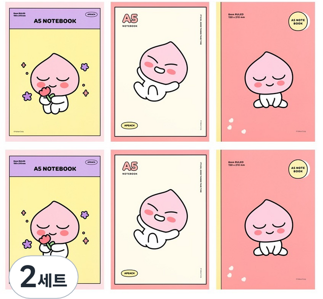 KAKAO FRIENDS A5 筆記本 3款 x 2入組, Apeach, 2套
