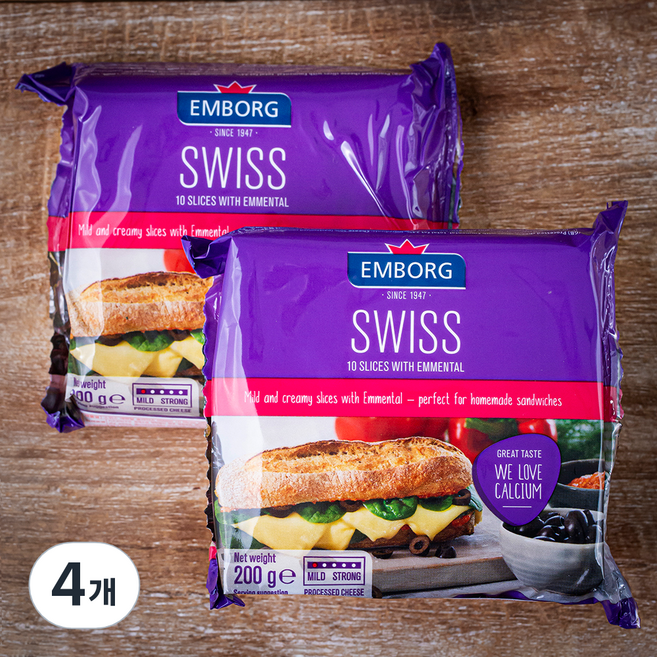 엠보그 스위스 에멘탈 슬라이스 치즈 10매입, 200g, 4개, 1개입