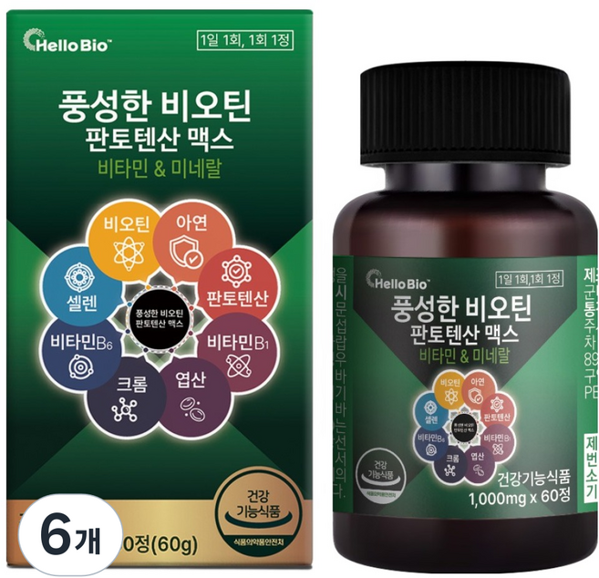 헬로바이오 풍성한 비오틴 판토텐산 맥스 60g, 6개, 60정