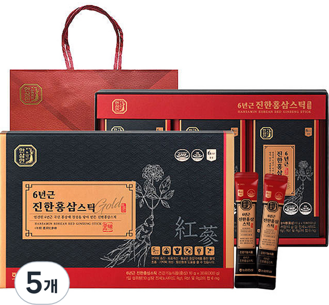 한삼인 6년근 진한 홍삼스틱 + 쇼핑백, 300g, 5개